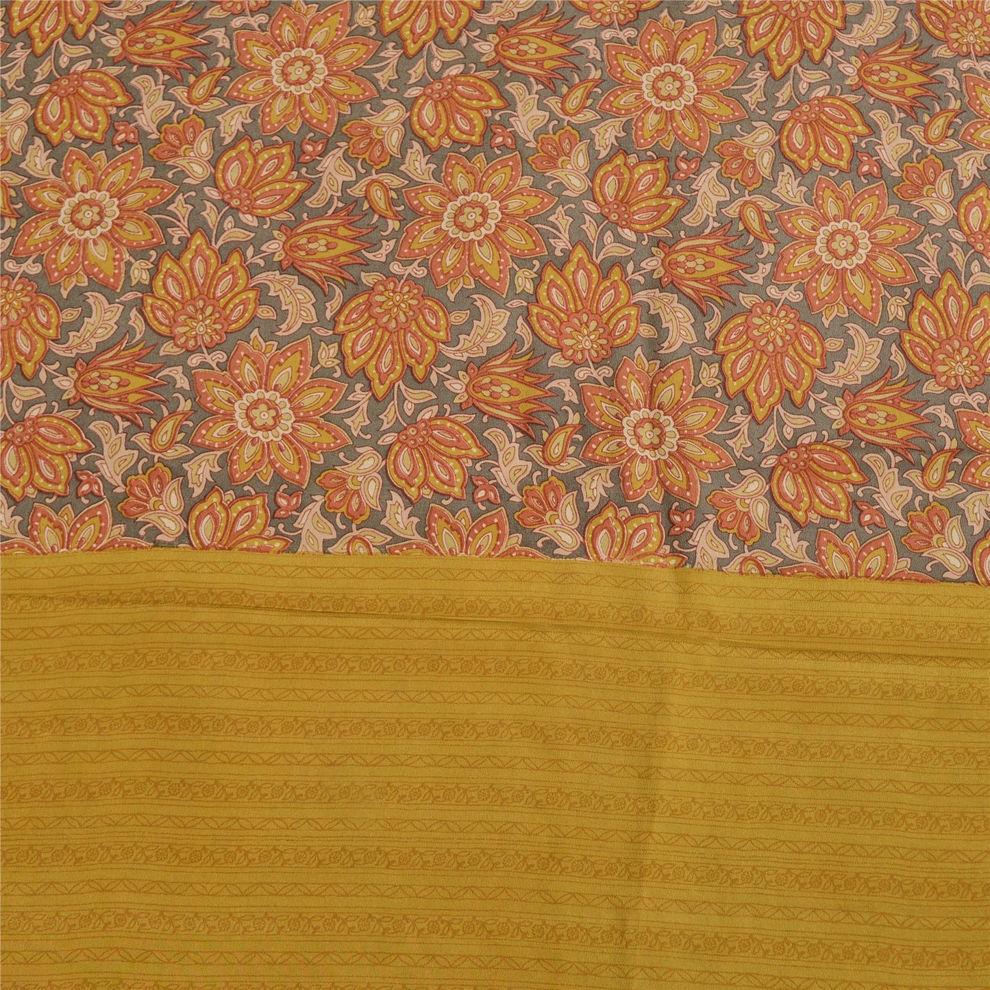 Sanskriti Vintage Sarees Gray 100% Pure Crepe Silk Printed Sari 5yd Craft Fabric