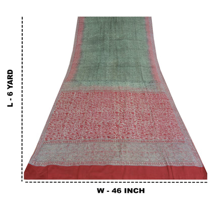 Sanskriti Vintage Sarees Green/Red Pure Crepe Silk Printed Sari 6yd Craft Fabric