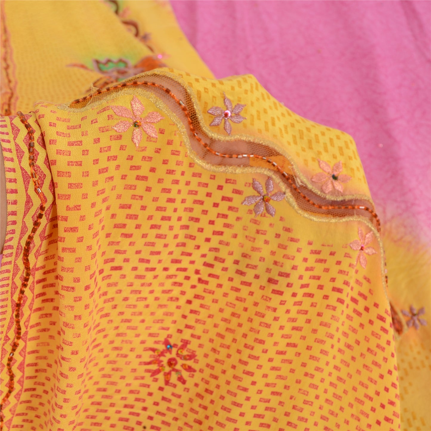 Sanskriti Vintage Sarees Yellow/Pink Pure Crepe Hand Beads Print Sari 5yd Fabric