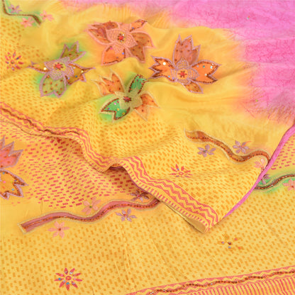 Sanskriti Vintage Sarees Yellow/Pink Pure Crepe Hand Beads Print Sari 5yd Fabric