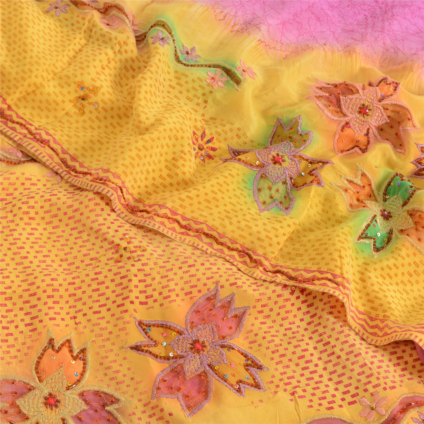 Sanskriti Vintage Sarees Yellow/Pink Pure Crepe Hand Beads Print Sari 5yd Fabric