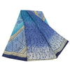 Sanskriti Vintage Sarees Blue/Ivory Pure Crepe Silk Print Sari 5yd Craft Fabric