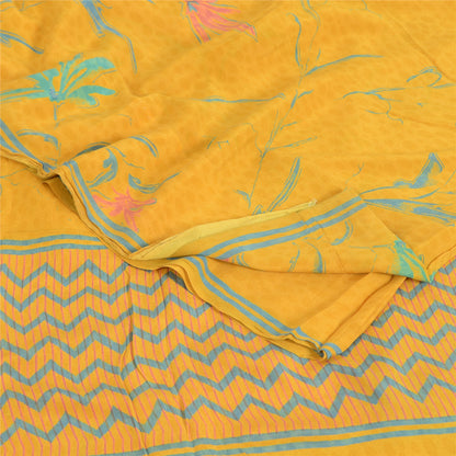 Sanskriti Vintage Sarees Yellow Pure Crepe Silk Printed Sari 5yd Craft Fabric