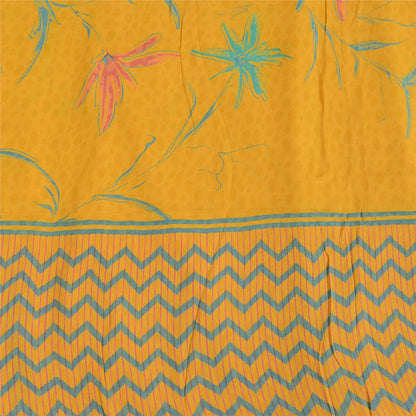 Sanskriti Vintage Sarees Yellow Pure Crepe Silk Printed Sari 5yd Craft Fabric