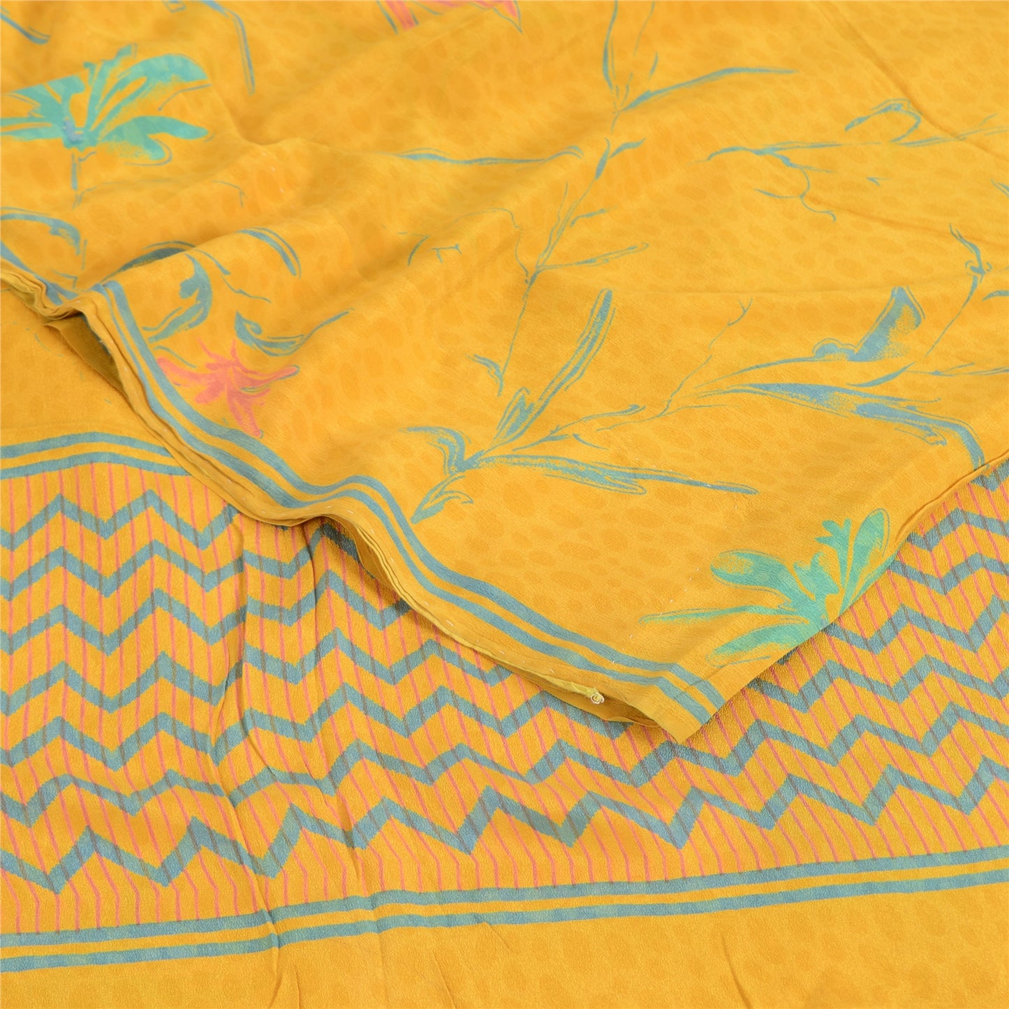 Sanskriti Vintage Sarees Yellow Pure Crepe Silk Printed Sari 5yd Craft Fabric