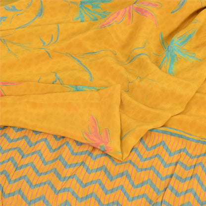 Sanskriti Vintage Sarees Yellow Pure Crepe Silk Printed Sari 5yd Craft Fabric