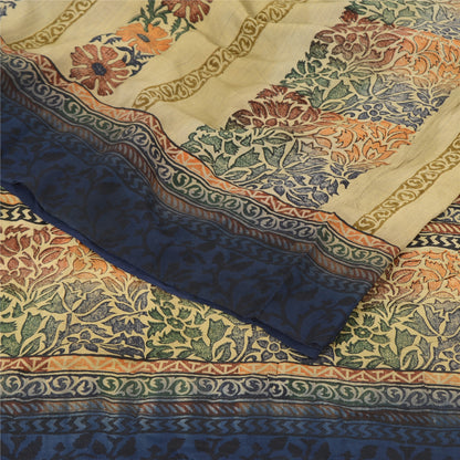 Sanskriti Vintage Sarees Blue/Cream Pure Crepe Silk Print Sari 5yd Craft Fabric