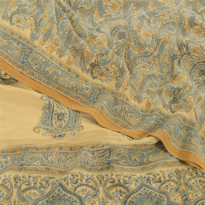 Sanskriti Vintage Sarees Pale-Yellow Pure Crepe Silk Print Sari 6yd Craft Fabric