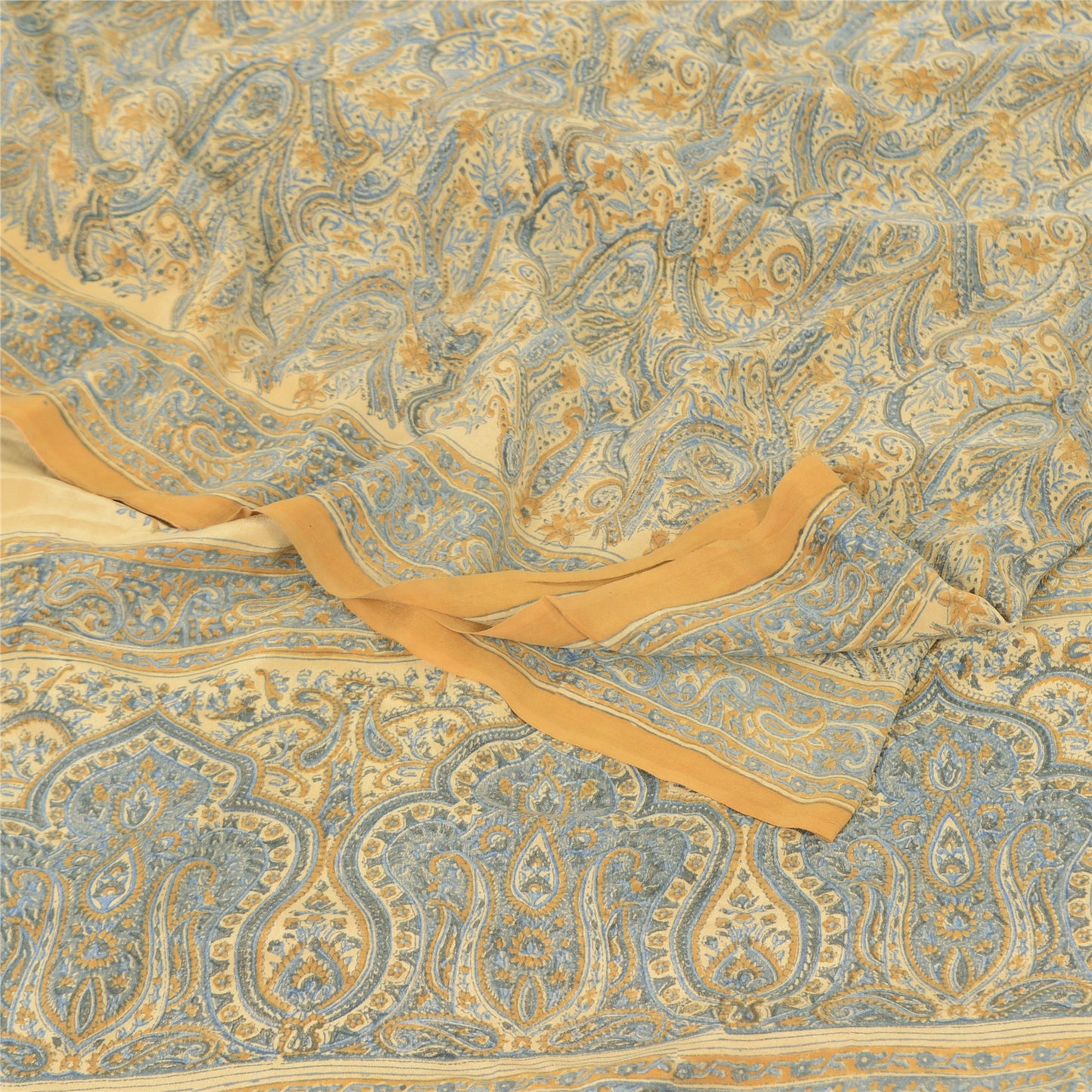 Sanskriti Vintage Sarees Pale-Yellow Pure Crepe Silk Print Sari 6yd Craft Fabric