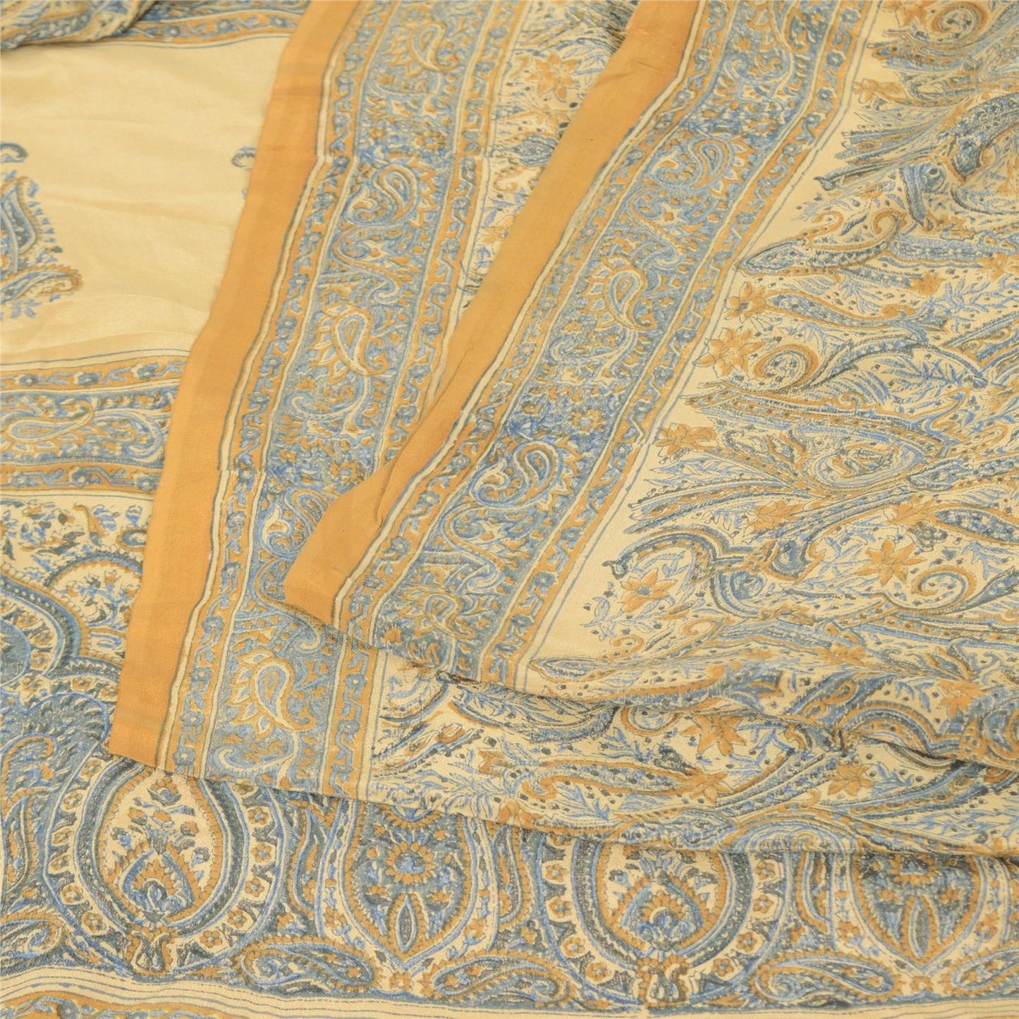 Sanskriti Vintage Sarees Pale-Yellow Pure Crepe Silk Print Sari 6yd Craft Fabric