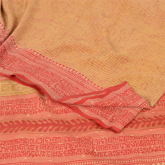 Sanskriti Vintage Sarees Beige/Red Pure Crepe Silk Printed Sari 5yd Craft Fabric