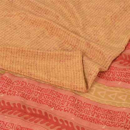 Sanskriti Vintage Sarees Beige/Red Pure Crepe Silk Printed Sari 5yd Craft Fabric