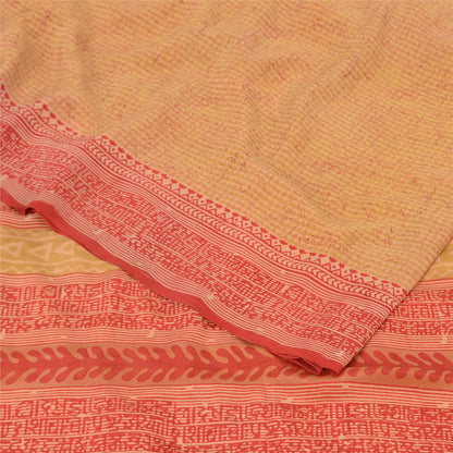 Sanskriti Vintage Sarees Beige/Red Pure Crepe Silk Printed Sari 5yd Craft Fabric