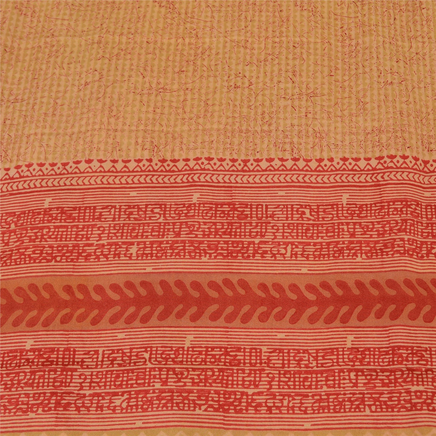 Sanskriti Vintage Sarees Beige/Red Pure Crepe Silk Printed Sari 5yd Craft Fabric