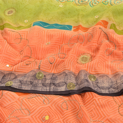 Sanskriti Vintage Sarees Green/Peach Hand Beads Pure Crepe Print Sari 5yd Fabric