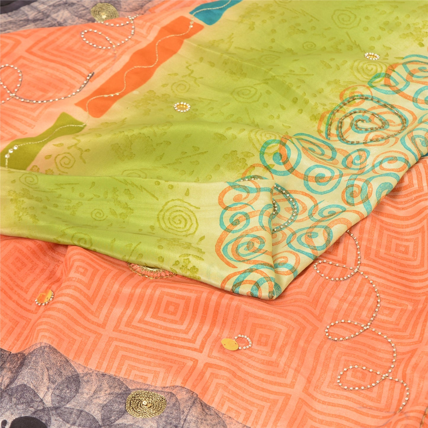 Sanskriti Vintage Sarees Green/Peach Hand Beads Pure Crepe Print Sari 5yd Fabric