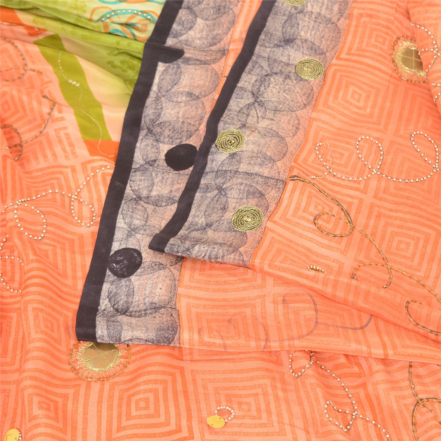 Sanskriti Vintage Sarees Green/Peach Hand Beads Pure Crepe Print Sari 5yd Fabric