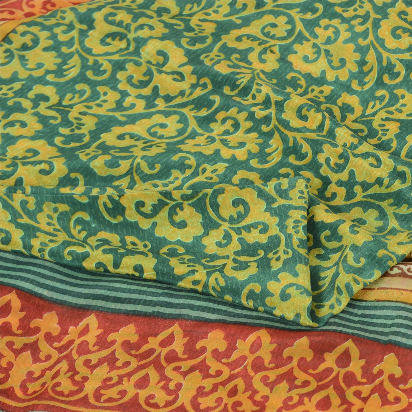 Sanskriti Vintage Sarees Green Pure Crepe Silk Printed Sari 5yd Craft Fabric