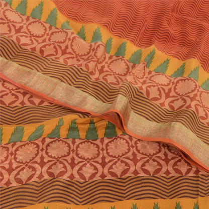 Sanskriti Vintage Sarees Orange Pure Crepe Silk Printed Sari 6yd Craft Fabric