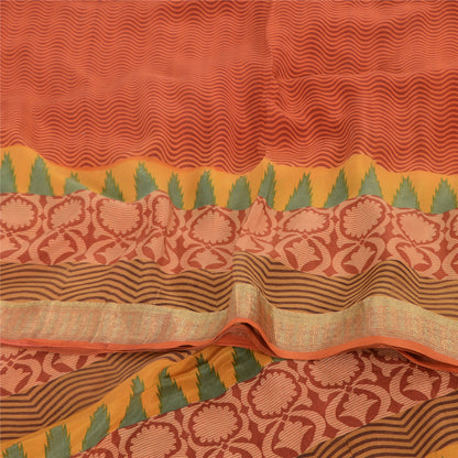 Sanskriti Vintage Sarees Orange Pure Crepe Silk Printed Sari 6yd Craft Fabric