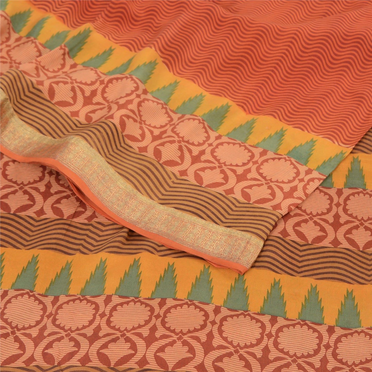 Sanskriti Vintage Sarees Orange Pure Crepe Silk Printed Sari 6yd Craft Fabric