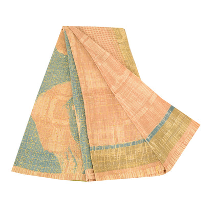 Sanskriti Vintage Sarees Peach 100% Pure Crepe Silk Print Sari 5yd Craft Fabric