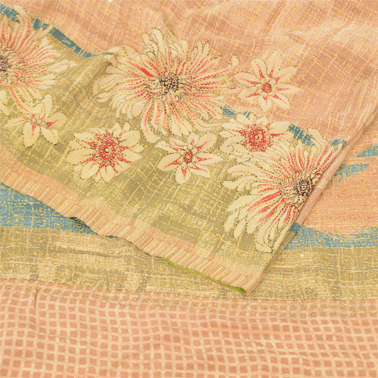 Sanskriti Vintage Sarees Peach 100% Pure Crepe Silk Print Sari 5yd Craft Fabric