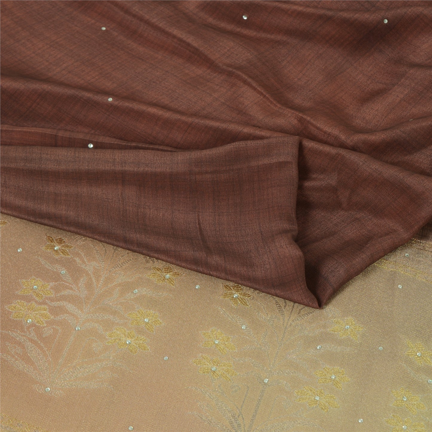 Sanskriti Vintage Sarees Brown Sequins Woven printed Pure Crepe Sari 5yd Fabric