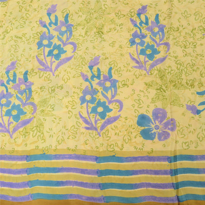 Sanskriti Vintage Sarees Lemon Pure Crepe Silk Printed Sari 5yd Craft Fabric