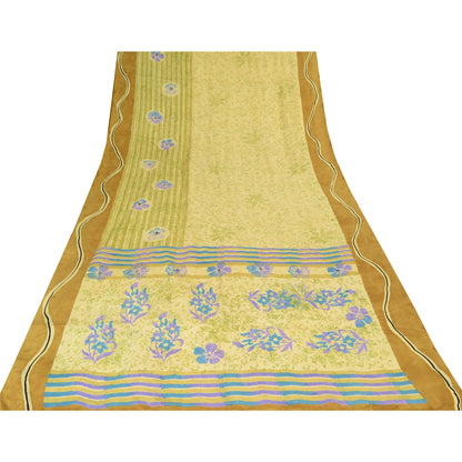 Sanskriti Vintage Sarees Lemon Pure Crepe Silk Printed Sari 5yd Craft Fabric