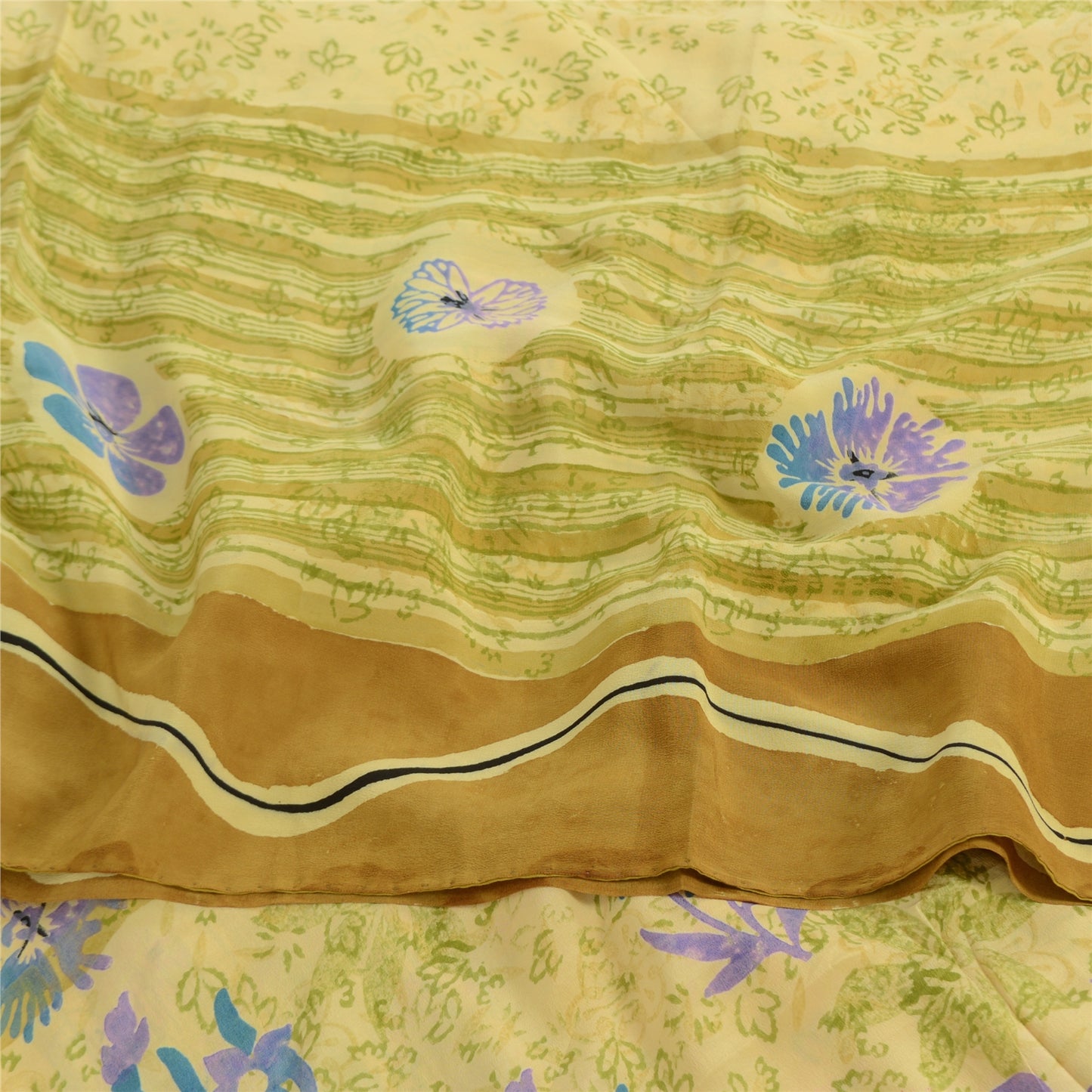 Sanskriti Vintage Sarees Lemon Pure Crepe Silk Printed Sari 5yd Craft Fabric