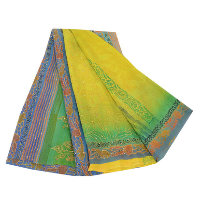 Sanskriti Vintage Sarees Green Hand Beaded Kantha Pure Crepe Printed Sari Fabric