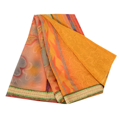 Sanskriti Vintage Sarees Multi Pure Crepe Silk Printed Sari 5yd SoftCraft Fabric