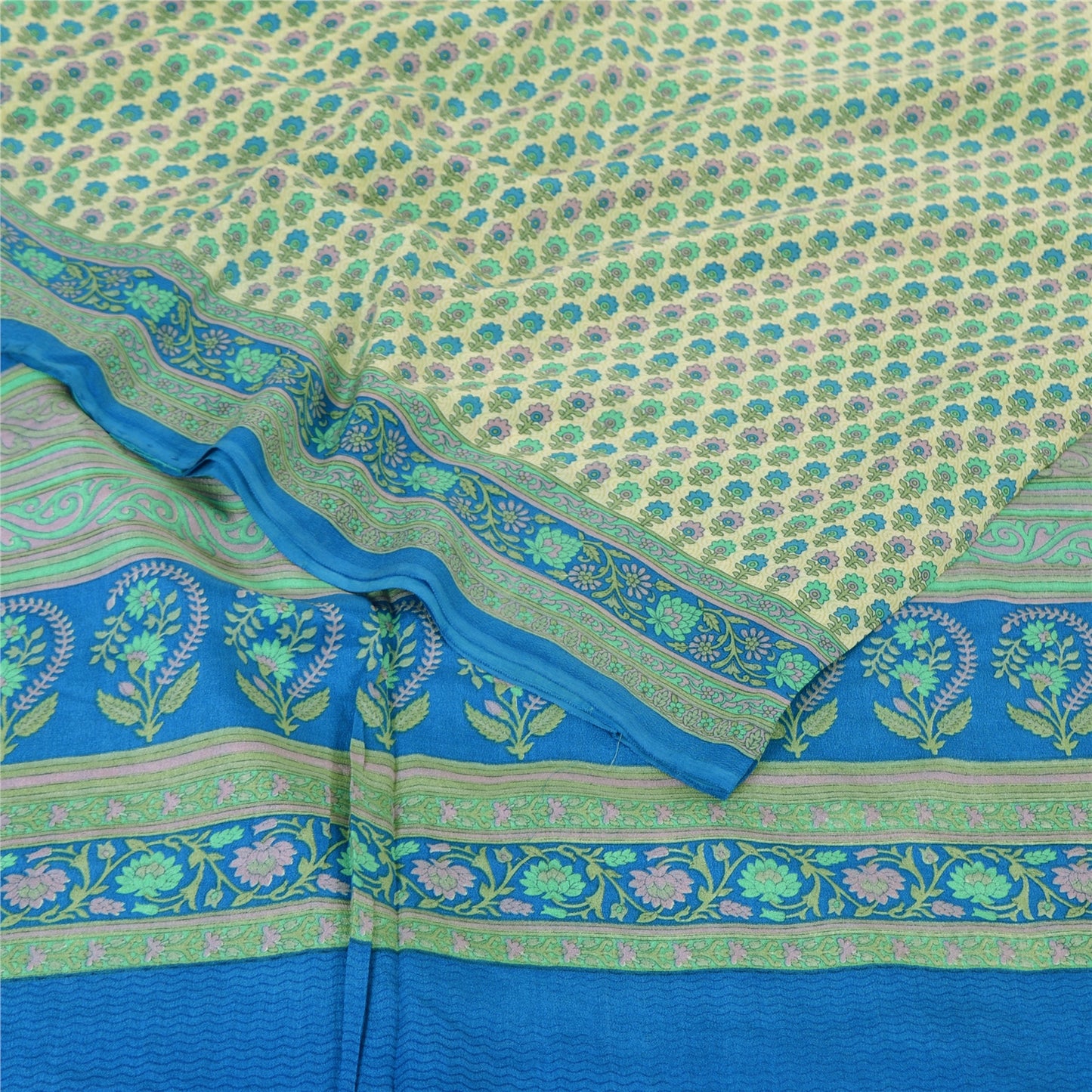 Sanskriti Vintage Sarees Ivory 100%Pure Crepe Silk Printed Sari 5yd Craft Fabric