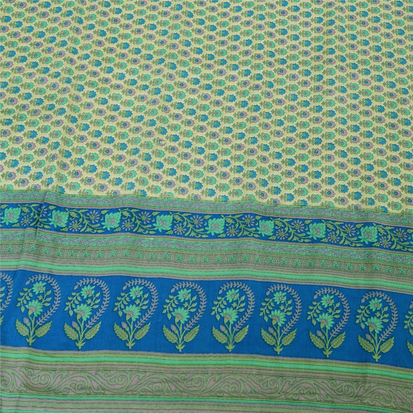 Sanskriti Vintage Sarees Ivory 100%Pure Crepe Silk Printed Sari 5yd Craft Fabric