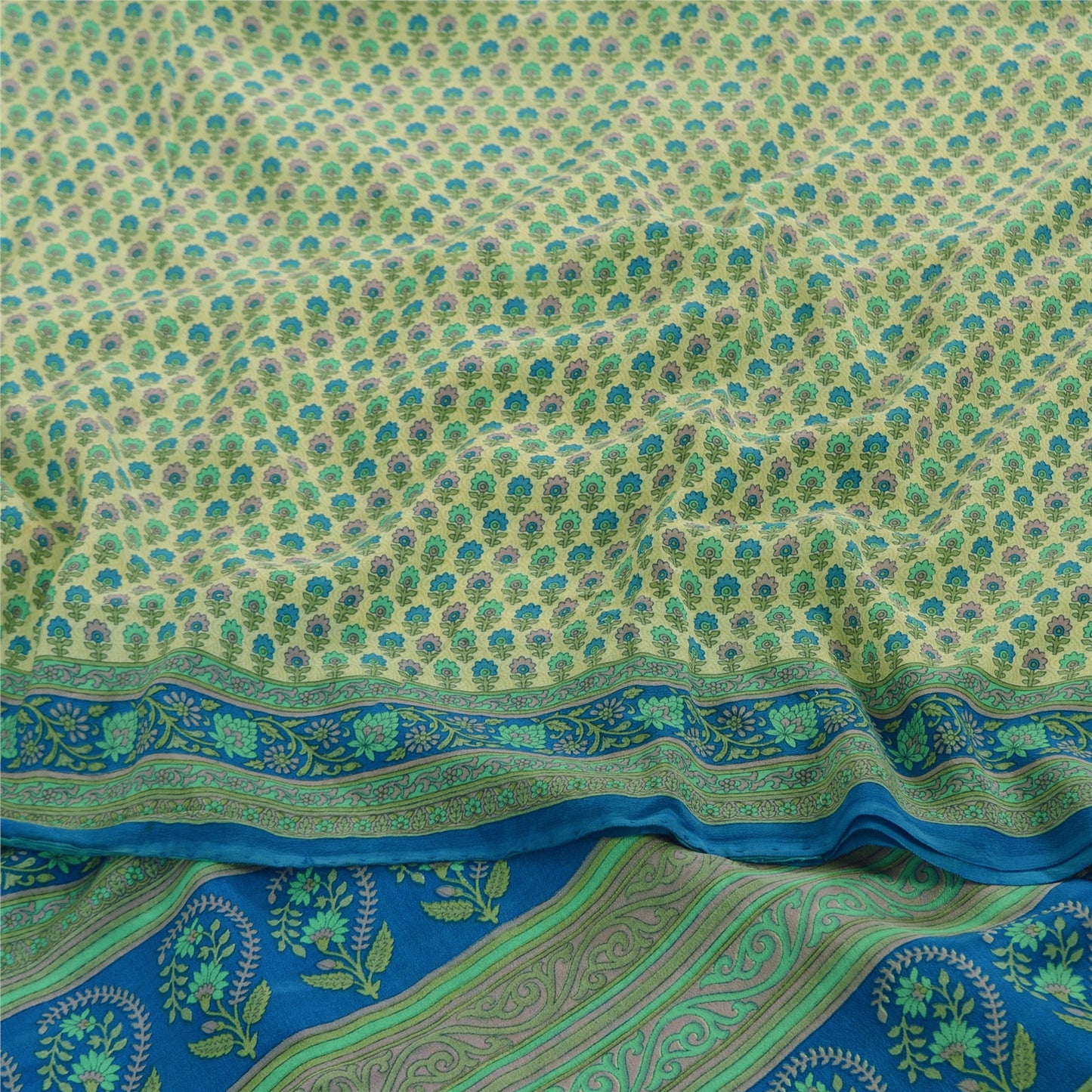 Sanskriti Vintage Sarees Ivory 100%Pure Crepe Silk Printed Sari 5yd Craft Fabric