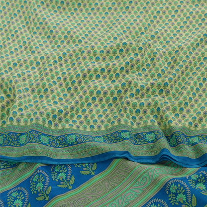 Sanskriti Vintage Sarees Ivory 100%Pure Crepe Silk Printed Sari 5yd Craft Fabric