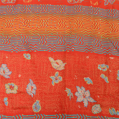 Sanskriti Vintage Sarees Orange Embroidered Pure Crepe Printed Sari 5yd Fabric