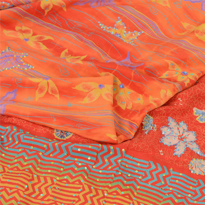 Sanskriti Vintage Sarees Orange Embroidered Pure Crepe Printed Sari 5yd Fabric