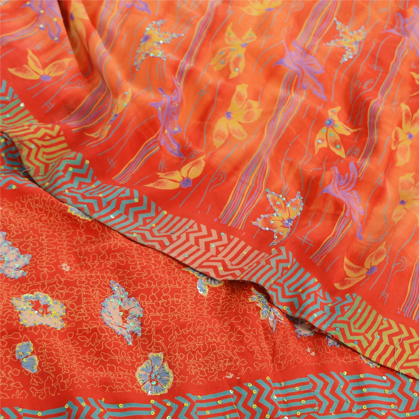 Sanskriti Vintage Sarees Orange Embroidered Pure Crepe Printed Sari 5yd Fabric