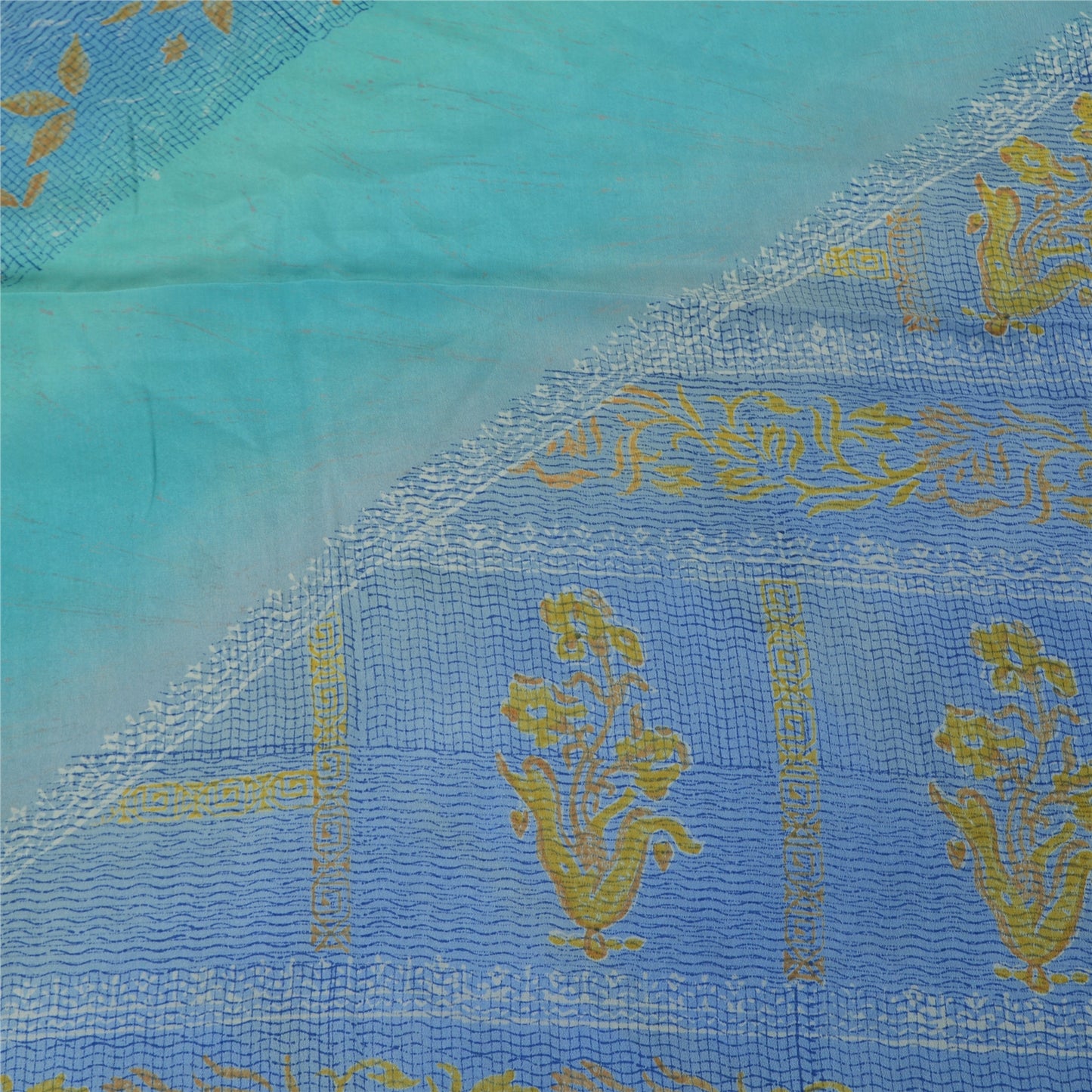 Sanskriti Vintage Sarees Shades Of Blue Pure Crepe Printed Sari 5yd Craft Fabric