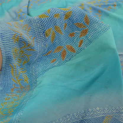 Sanskriti Vintage Sarees Shades Of Blue Pure Crepe Printed Sari 5yd Craft Fabric