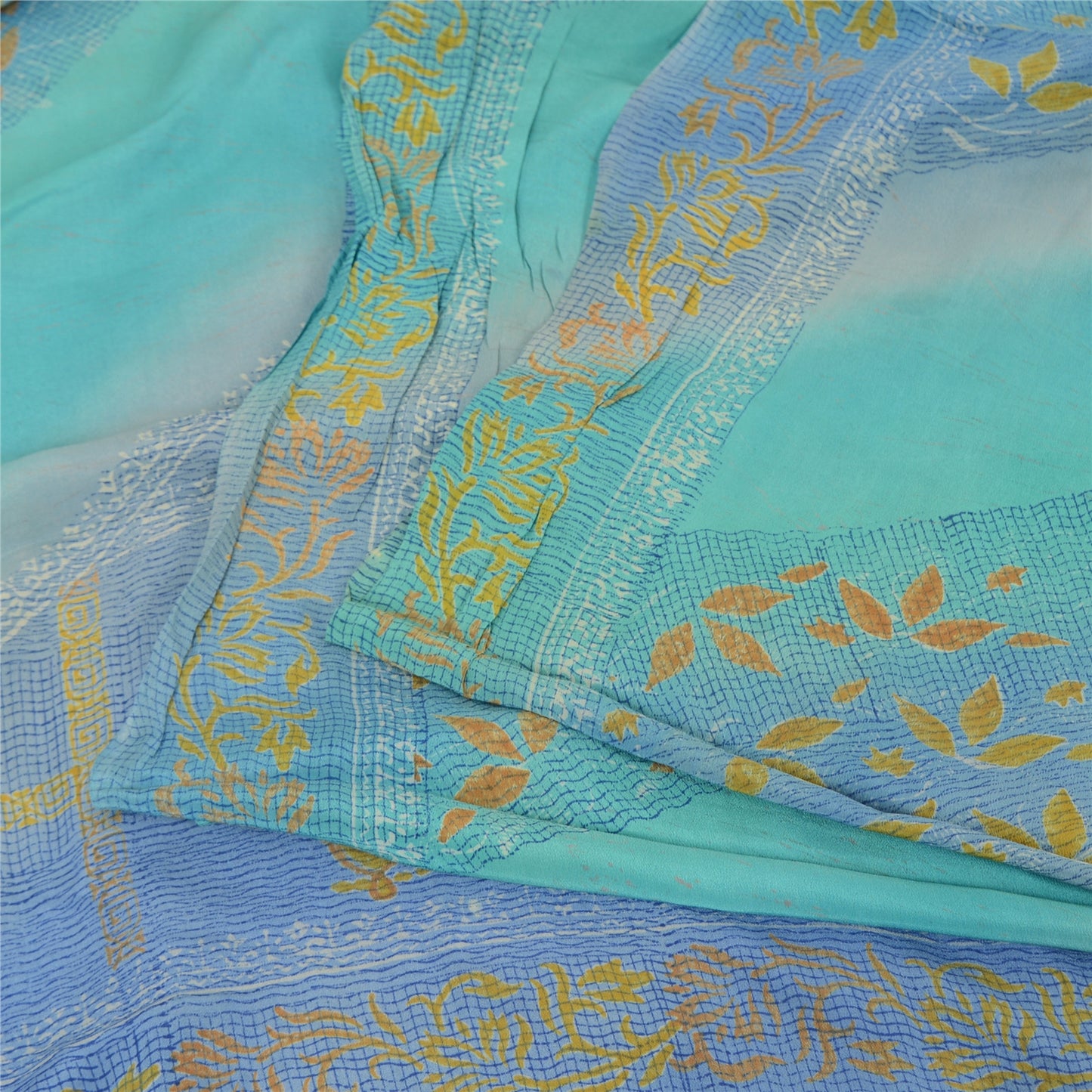 Sanskriti Vintage Sarees Shades Of Blue Pure Crepe Printed Sari 5yd Craft Fabric