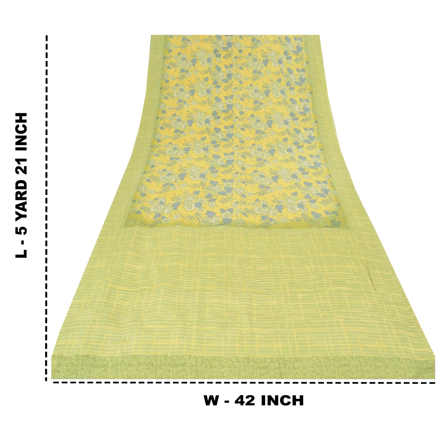 Sanskriti Vintage Sarees Lemon Green Pure Crepe Silk Print Sari 5yd Craft Fabric