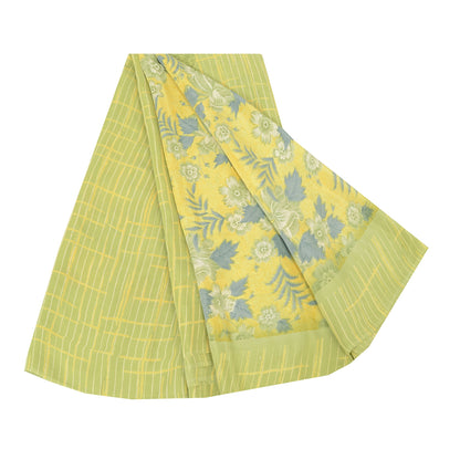 Sanskriti Vintage Sarees Lemon Green Pure Crepe Silk Print Sari 5yd Craft Fabric