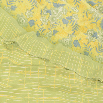 Sanskriti Vintage Sarees Lemon Green Pure Crepe Silk Print Sari 5yd Craft Fabric