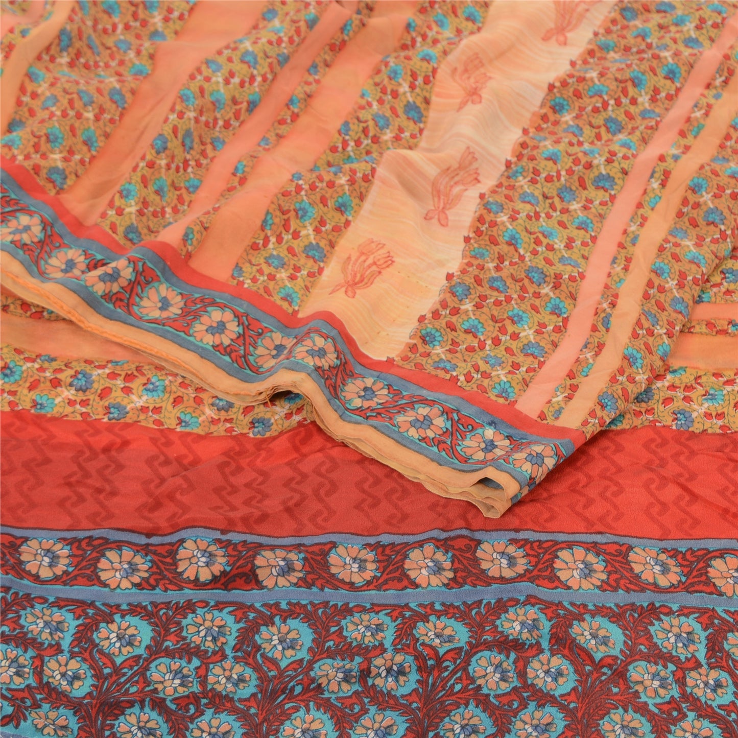 Sanskriti Vintage Sarees Peach Pure Crepe Silk Printed Sari 5yd Craft Fabric