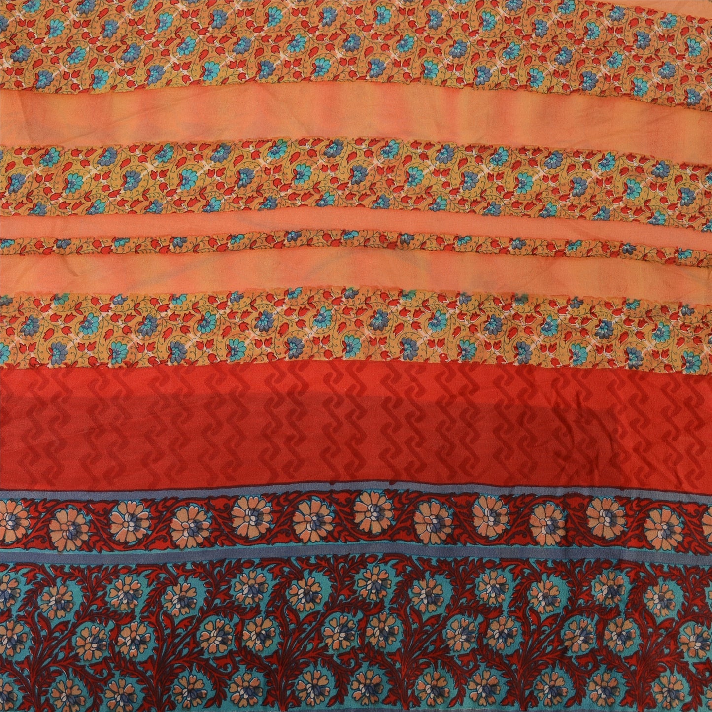 Sanskriti Vintage Sarees Peach Pure Crepe Silk Printed Sari 5yd Craft Fabric