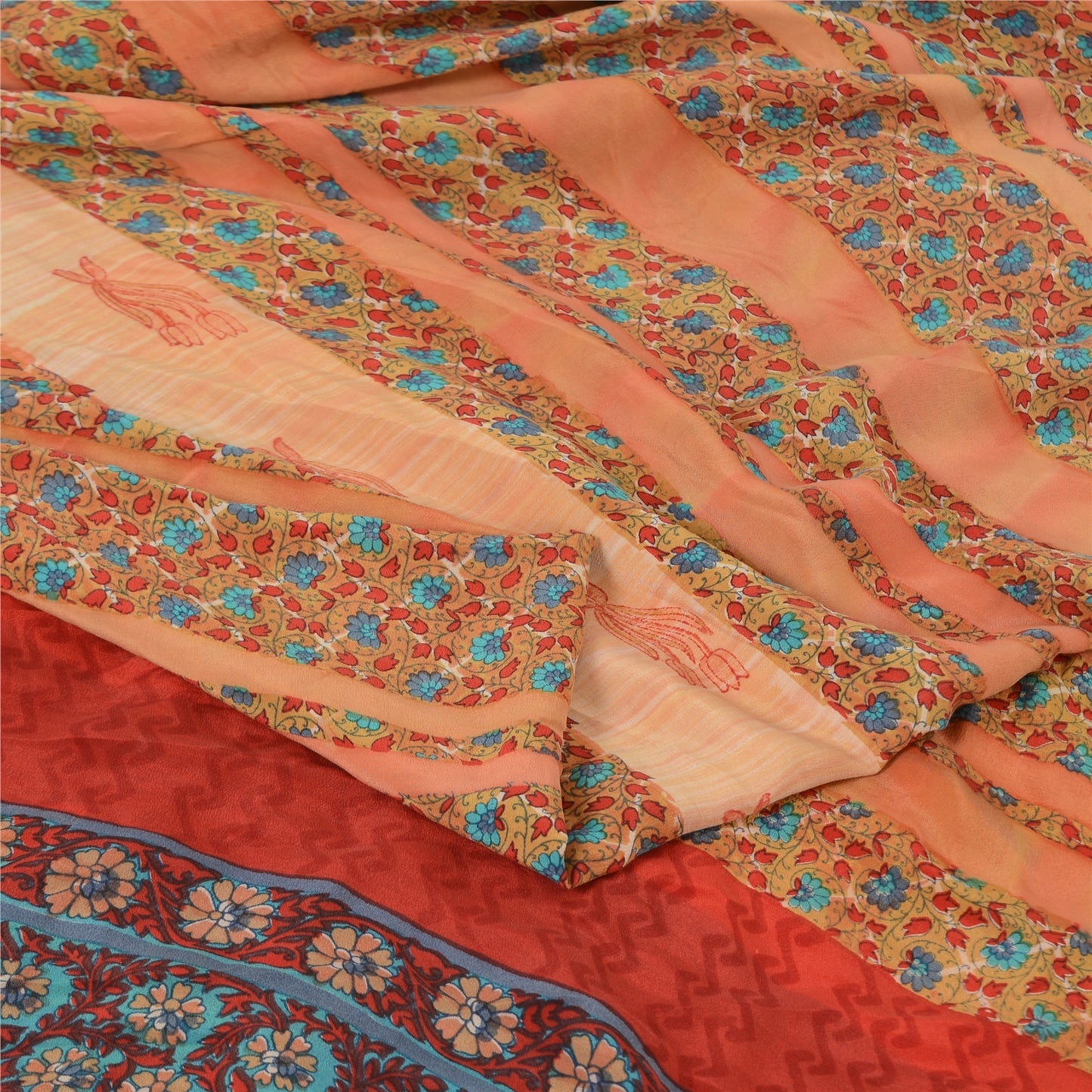 Sanskriti Vintage Sarees Peach Pure Crepe Silk Printed Sari 5yd Craft Fabric