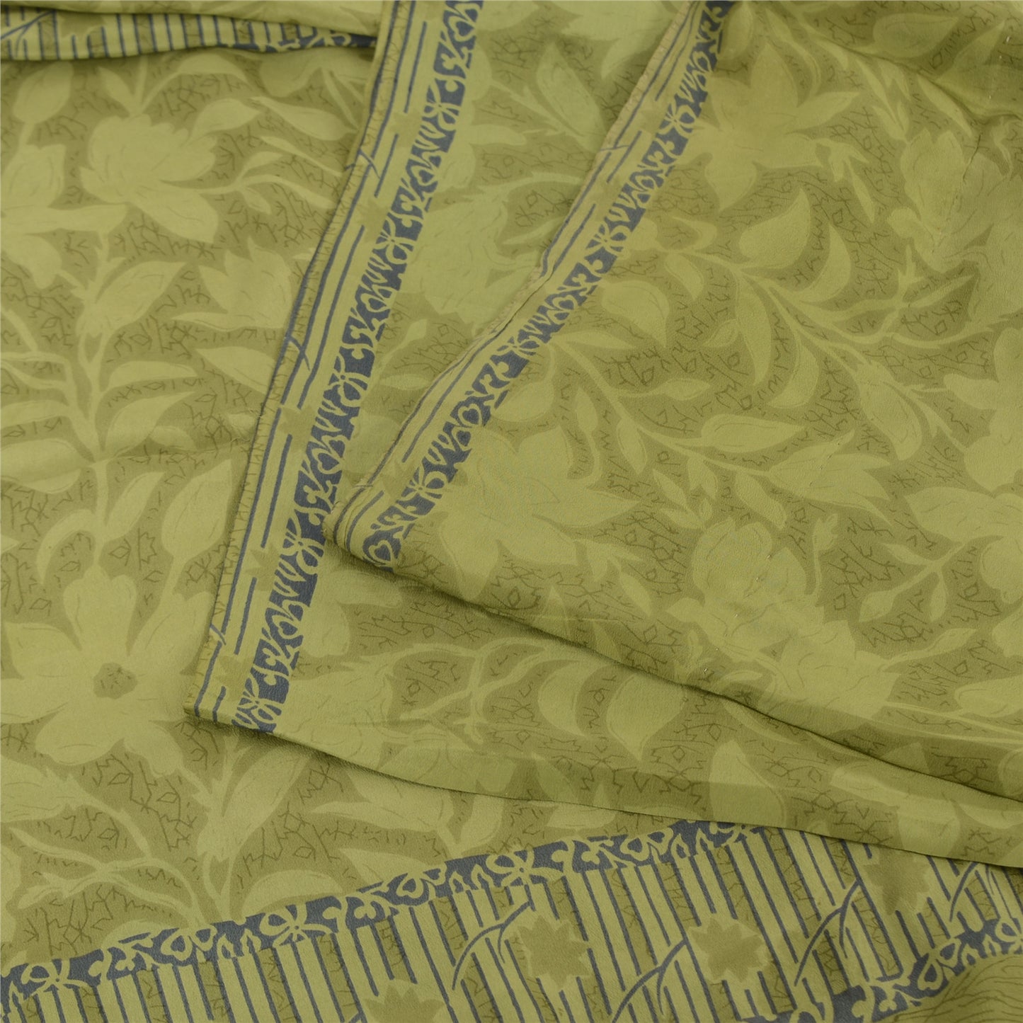 Sanskriti Vintage Sarees Green 100%Pure Crepe Silk Printed Sari 5yd Craft Fabric